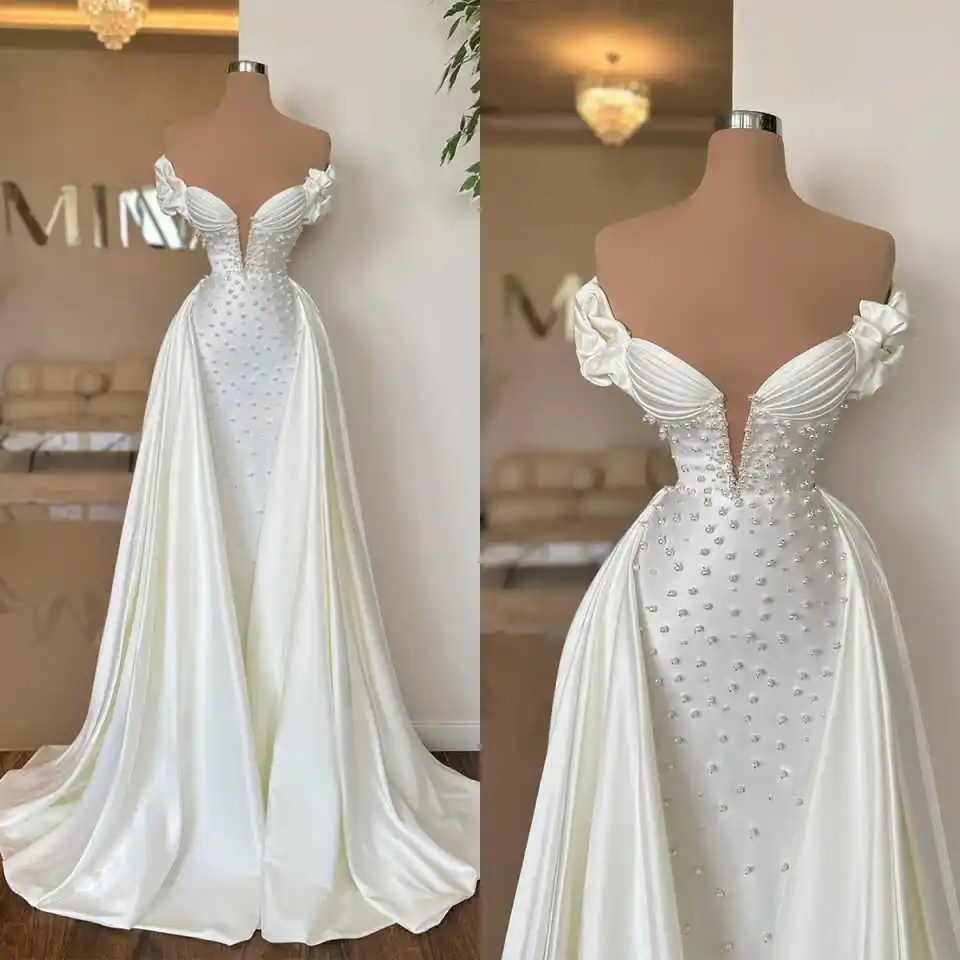 

Modern Mermaid Wedding Dresses V-Neck Pearl Sleeveless Floor Length Bridal Gown Sweep Train Vestido De Noiva Customized