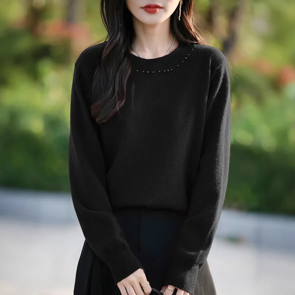 

Women's Loose Long Sleeve Autumn Winter New Style Solid Color Overhead Base Shirt Top Thickened round Neck Knitted Sweater