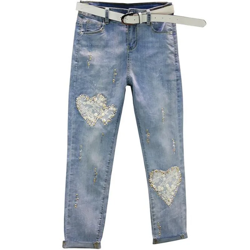 

Spring Summer Thin Jeans Women Fashion Hot Drilling Lace Love Heart Stitching High Waist Elastic Slim Denim Pencil Pants s235