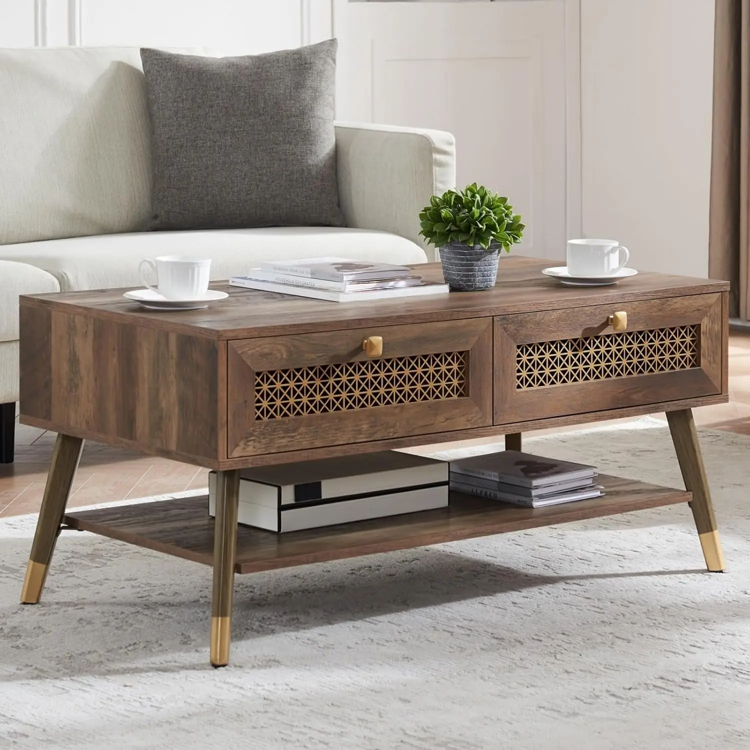 

Mid Century Modern Coffee Table With Storage Drawers & Open Shelf, Solid Wooden Rectangle Table With Metal Legs Designed