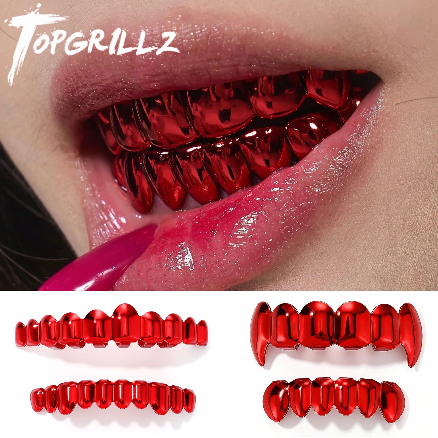 TOPGRILLZ Mirror Red Grillz Set Top 10 Bottom 10 & Fang 6 Teeth Hip Hop Halloween Cosplay Y2K Jewelry Men Women