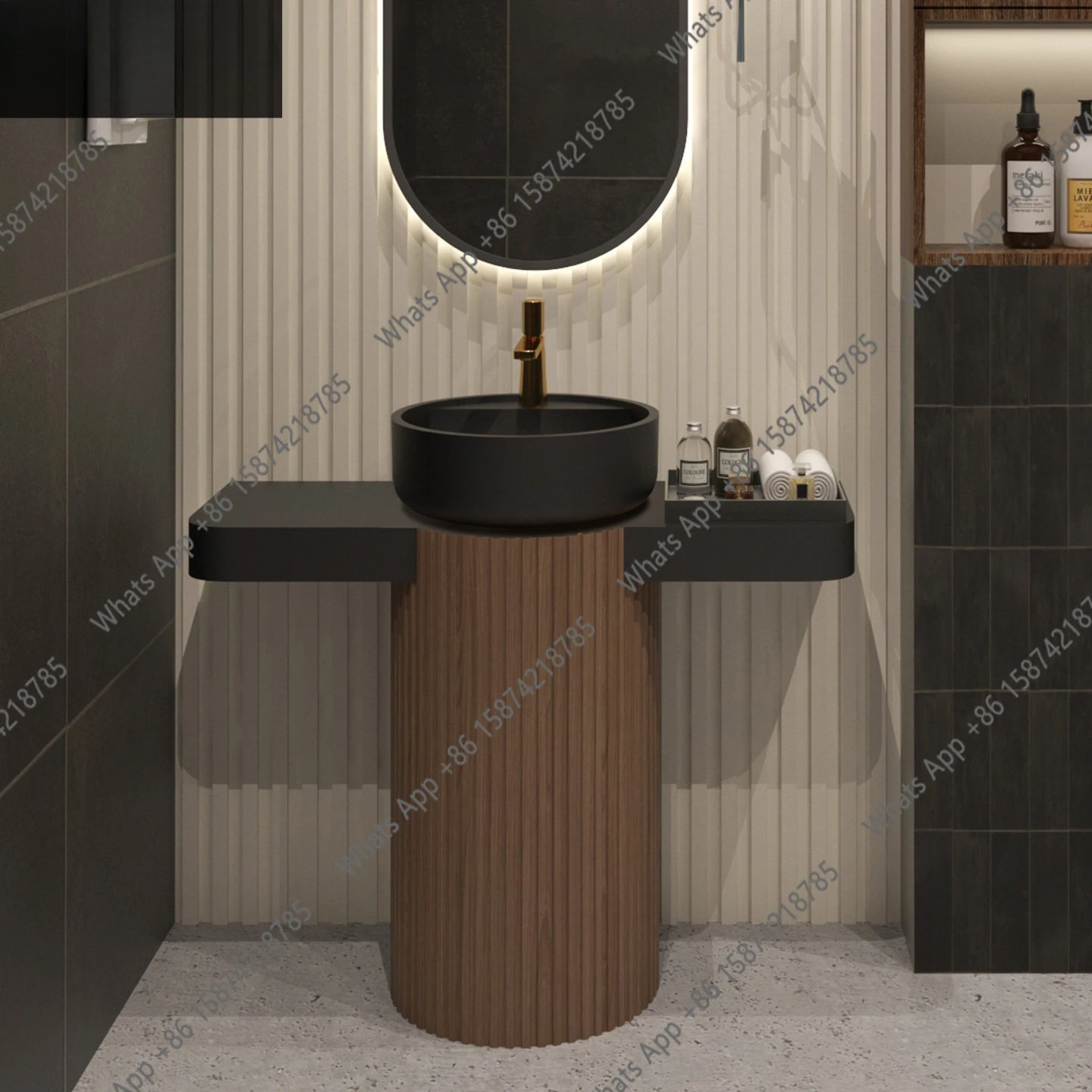 Medieval walnut pattern column basin floor wash basin bathroom countertop custom integrated washbasin cabinet