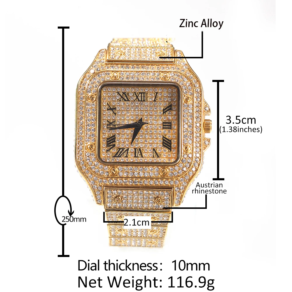 TBTK Iced Out Men Watch Square Diamond Quartz Luxury Mens Wrist Watches Gold Roman Clock Relogio Masculino