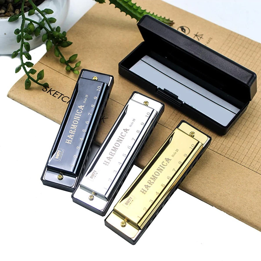 3 ألوان متاحة 10 فتحات هارمونيكا معدنية مع صندوق تخزين آلات موسيقية نصف مقياس أداء احترافي هارمونيكا