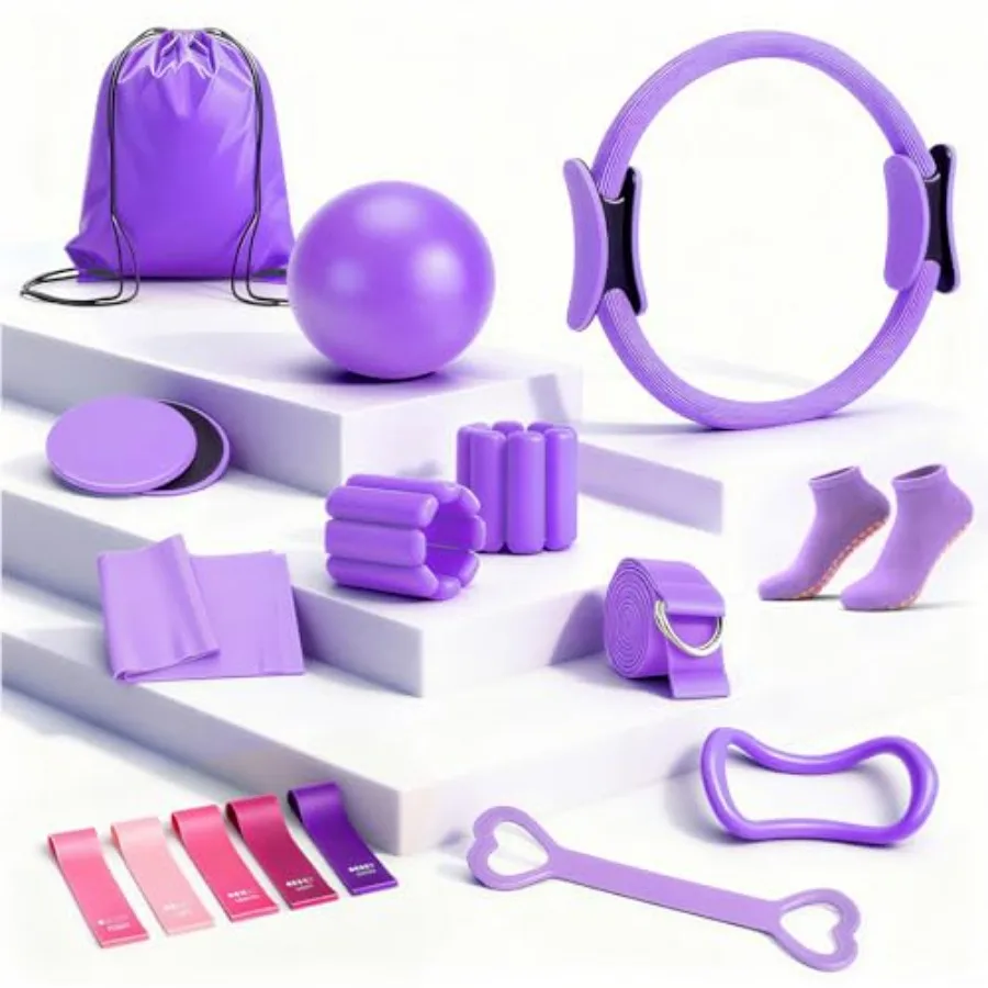 

Pilates Equipment Kit for Home Workouts - 18pcs Set- 14'' Pilates Ring and Ball Set for Women Pilates/Yoga Accessories Kit with