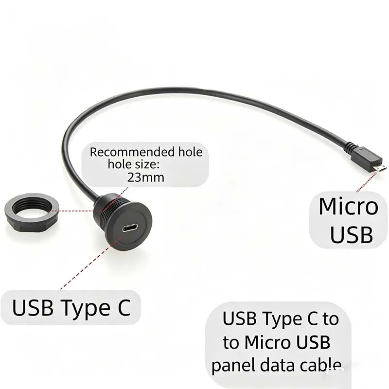 USB Round Panel-Mounted Extension Cable: USB Type-C to Micro USB 86 Panel Cable