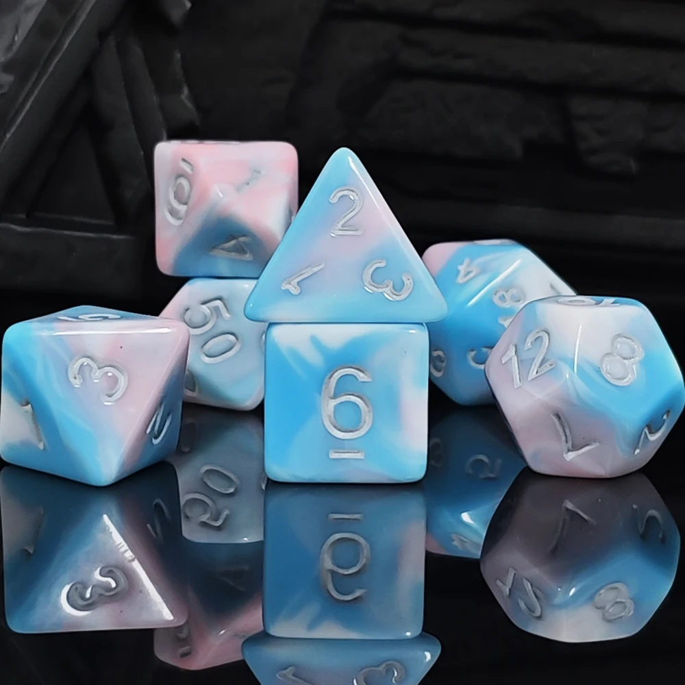7Pcs Cotton Candy Pink Blue Dice Set, Swirl Acrylic DND Dice with Silver Ink for Sweet & Pastel Fantasy RPG TTRPG RPG Board Game