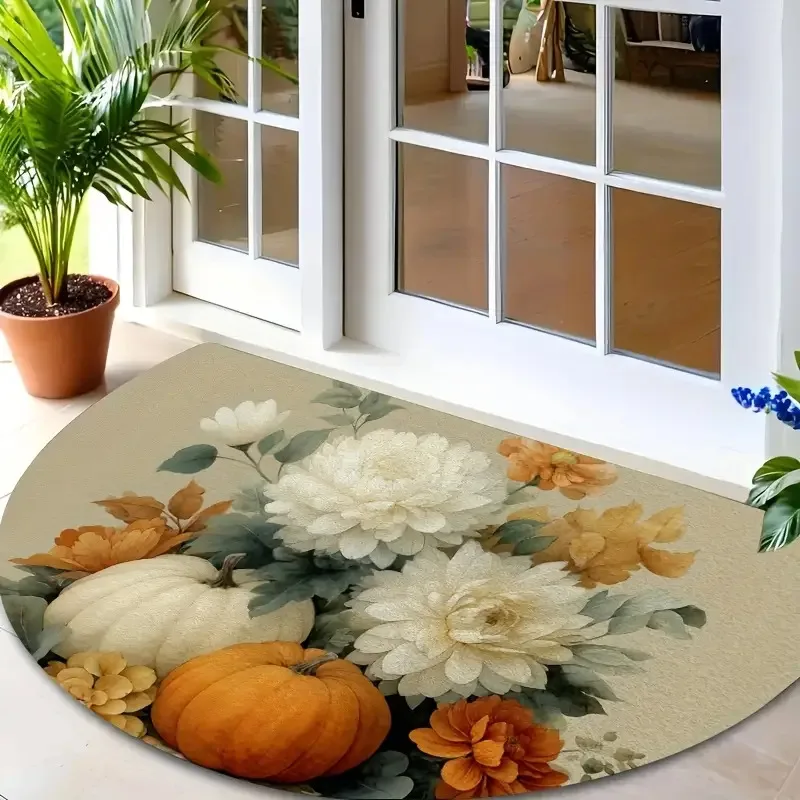 Autumn Chrysanthemum Half Round Rug Cream White Orange Pumpkins Botanical Still Life Entry Mat