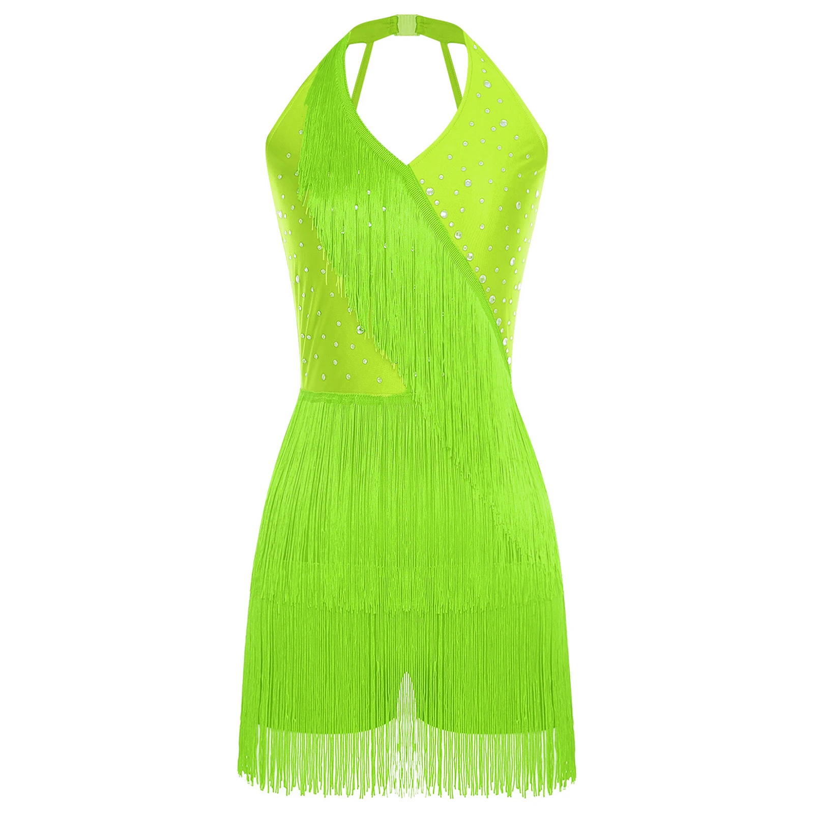 Vestido de baile latino para mujer, mono de baile sin mangas con cuello Halter y diamantes de imitación, mono de baile con tiras en la espalda para Jazz, Tango y Salsa