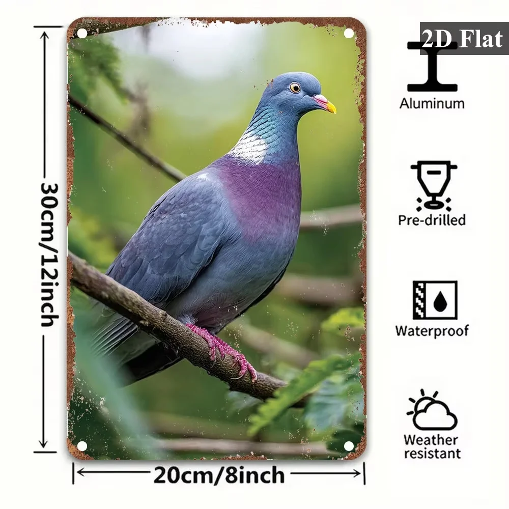 2D Flat Vintage Metal Dove Wall Sign, Elegant Grey & Purple Pigeon On Branch Decor For Farmhouse, Home, Cafe & Garage