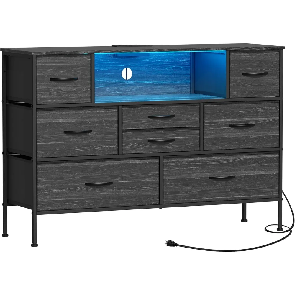 Wide Dresser with Charging Station and LED Light for Bedroom 8 Fabric Drawers Chest of Drawers with Power Outlet Storage Open Sh