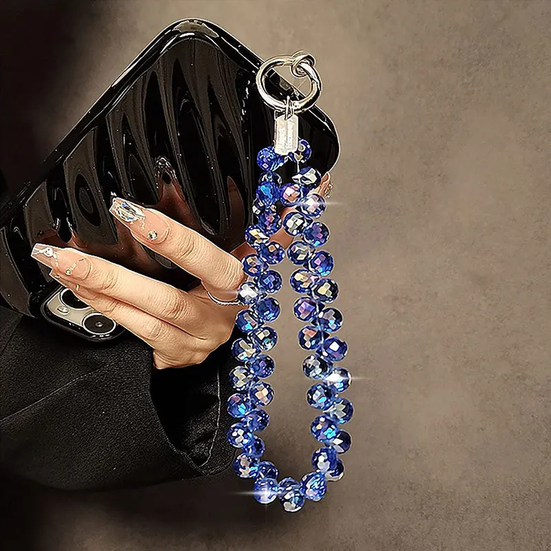 

Ins Luxury Bing Crystal Bead Wrist Strap Lanyard For Phone Cases,Blue Cellphone Chain Short Hanging Camera Pendant Keychain