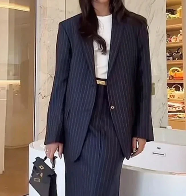 Two Piece Set Women Outfit  Autumn Stripe Notch Collar Long Sleeved Loose Blazer & Temperament Commuting Long Skirt Set