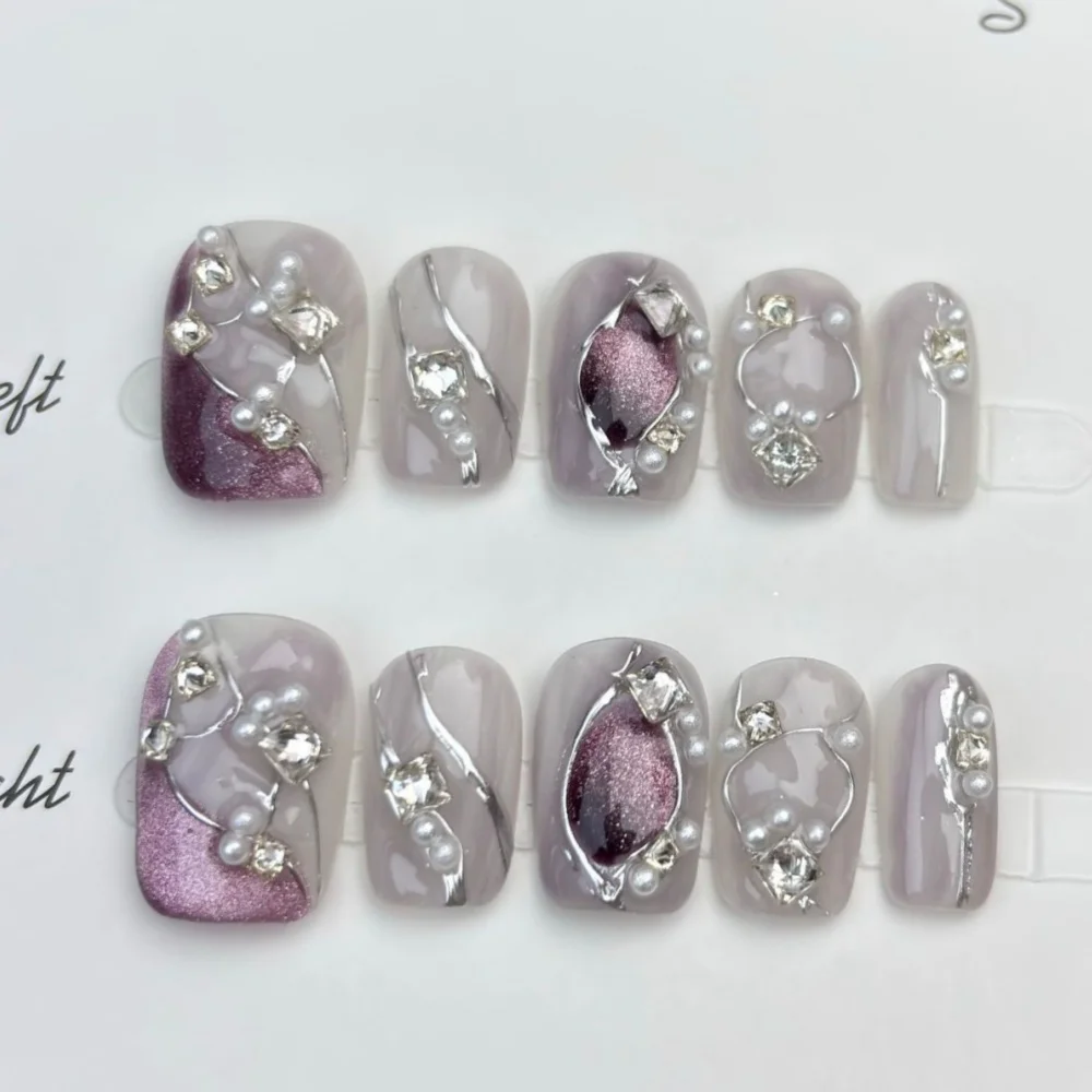 10pcs Handmade เล็บปลอมเคล็ดลับ Gradient Blue Design สั้นบัลเล่ต์กดบนเล็บ Art เงาผงเล็บปลอมชุดสวมใส่