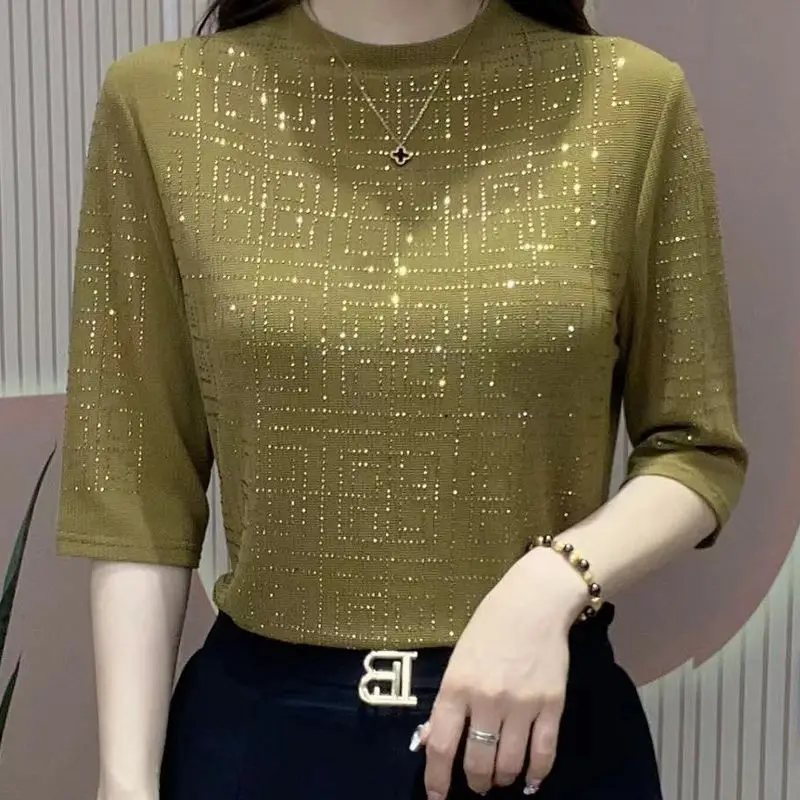 Korean Fashion Women Half Sleeve T-shirt Spring Summer New Solid Rhinestone Pullover Bottoming Y2K Vintage Casual Slim Tops 2023