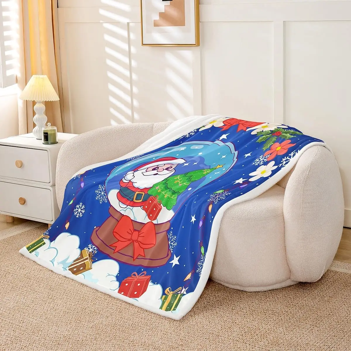 Santa Claus Christmas Blue Fleece Blanket Baby Bow Bowknot Snowflake Floral Sherpa Blanket Holly Crystal Ball Flowers Red Kids
