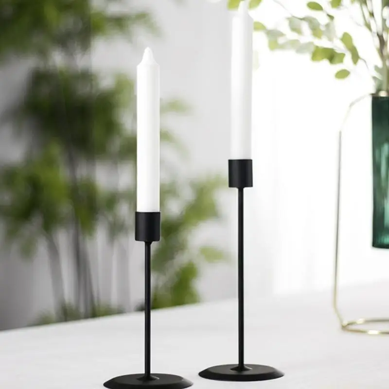 QX2E 2 PCS Black Metal Candlesticks Holder for Taper Candles Table Romantic Desktop Table Home Decor Church Gift