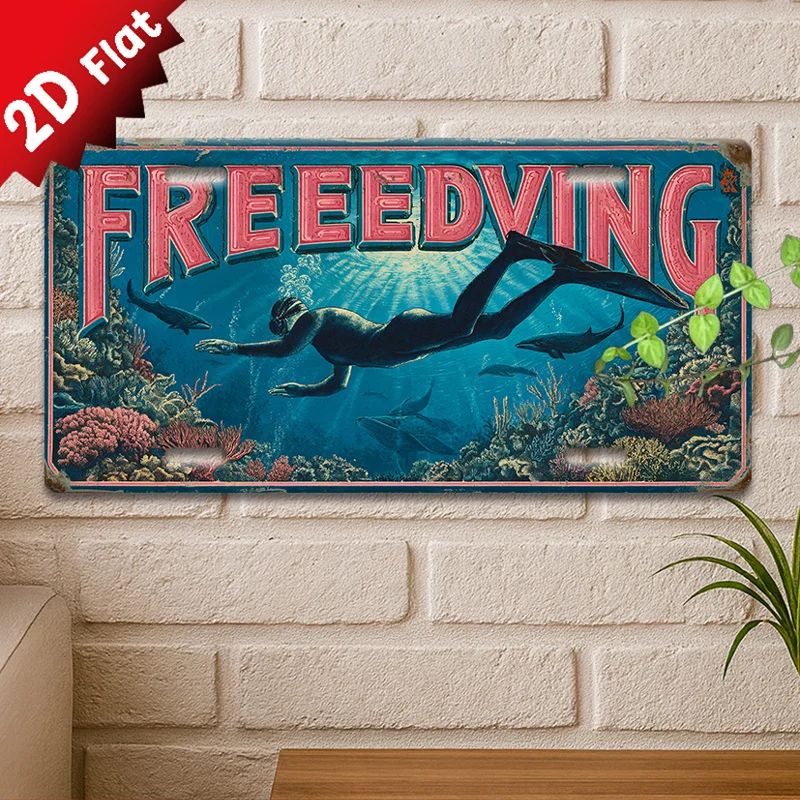 2D Flat -Vintage Metal Sign, Decorative Plaque And Signboard,Wall Art Decoration, Theme of Free Diving And Marine Life Adventure