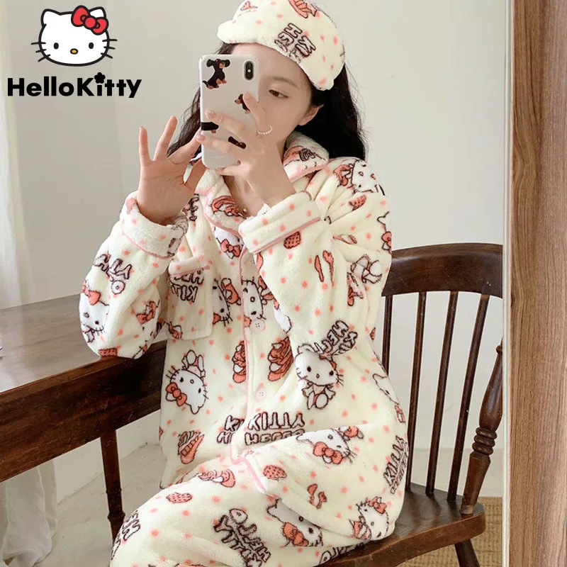 Sanrio Hello Kitty Plush Pajama Suit Women Korean Fashion Home Clothes 2 Piece Set Coral Velvet Tops Trousers Y2k Cute Sleepwear