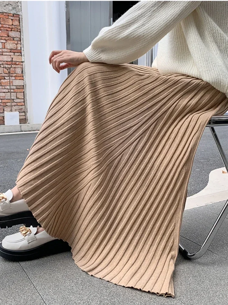 Autumn Winter Women\'s Long Skirt High Waist Knitted A-line Pleated Skirt Ladies Elegant Solid Gray Loose Casual Skirts for Women