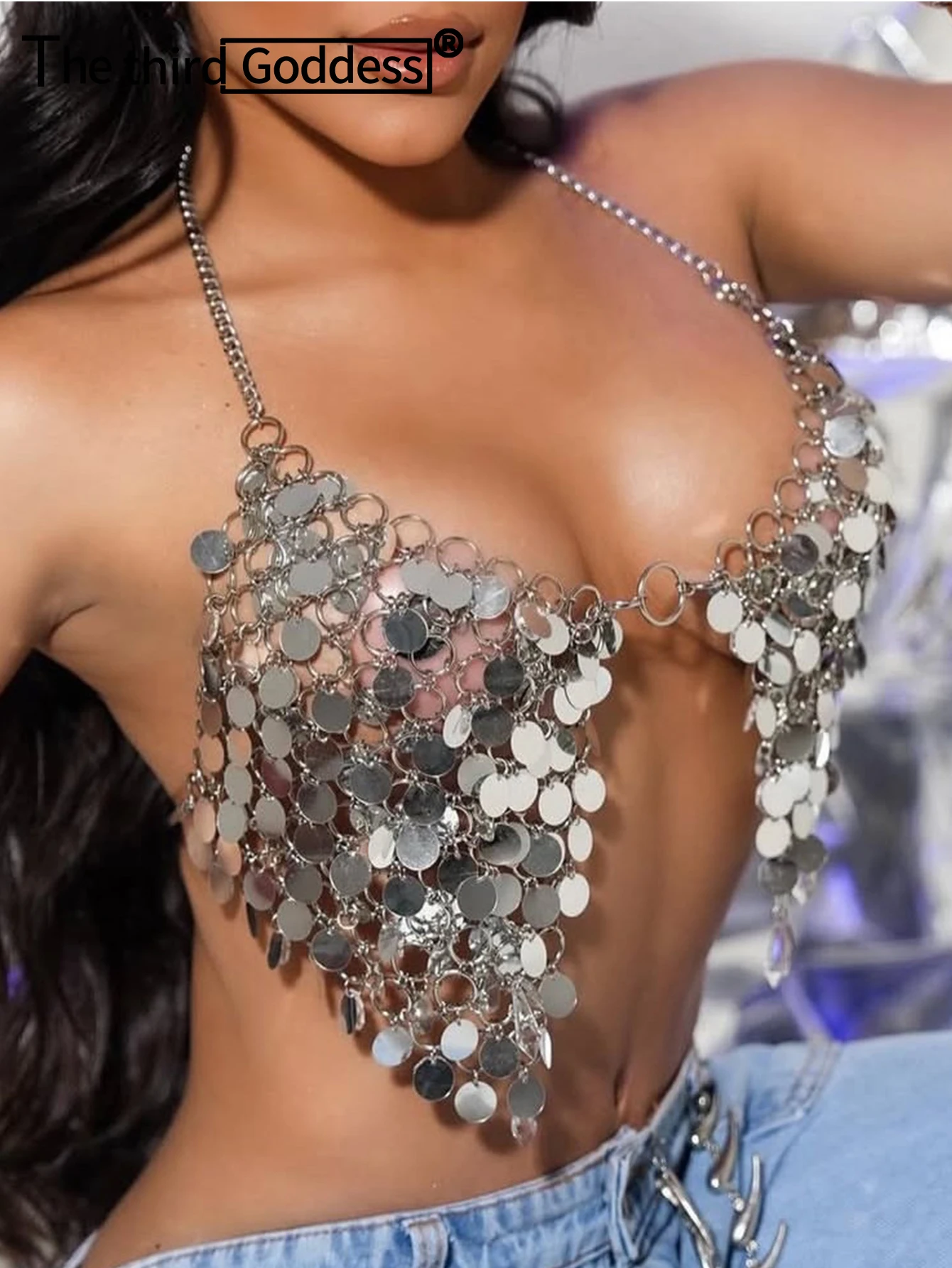 Sexy y2k clothes metal sequin crop top summer see through beach night club party tops for woman cropped glitter halter tank top