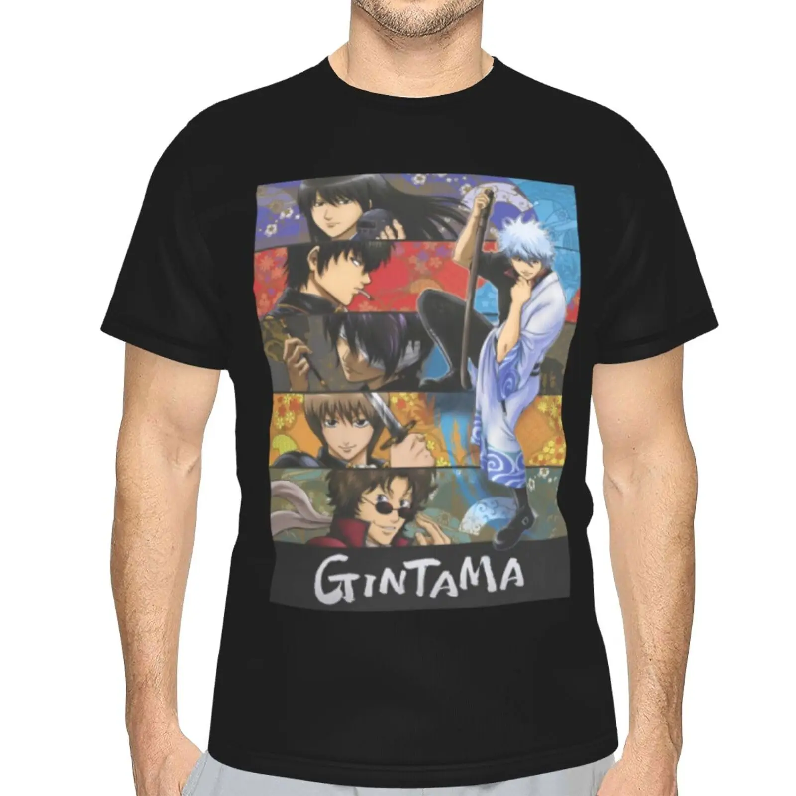 Gintamas Shirt Men'S Casual Fashion Full Print Round Neck Short Sleeve T-Shirt Top Black Graphic Y2K oversizedAnime  T-sh