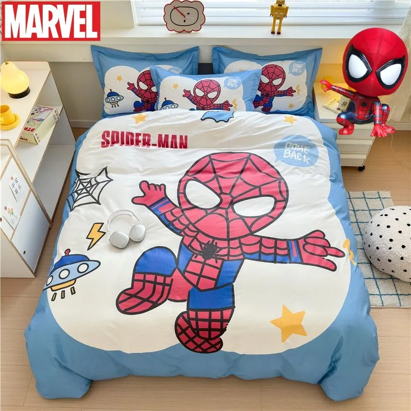 Serie Marvel Spiderman lindo creativo anime patrón de dibujos animados nueva sábana de algodón suave y agradable para la piel funda nórdica conjunto de cuatro piezas