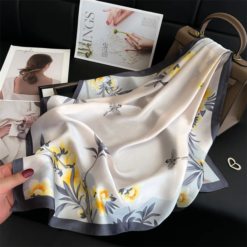 الفاخرة طباعة الربيع رابطة عنق شال 2024 الحرير مربع وشاح النساء يلتف الإناث 70 سنتيمتر الشعر اليد المعصم الرأس الحجاب باندانا