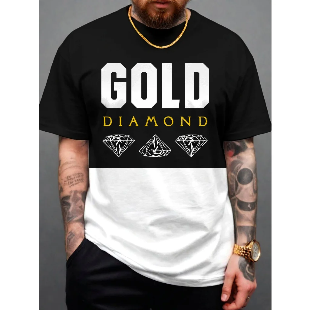 Gold Diamond Contrast Color Design Letter Graphic Print Men's Quick-drying T-Shirts Soft Comfy Stylish Street Casual Plus Size