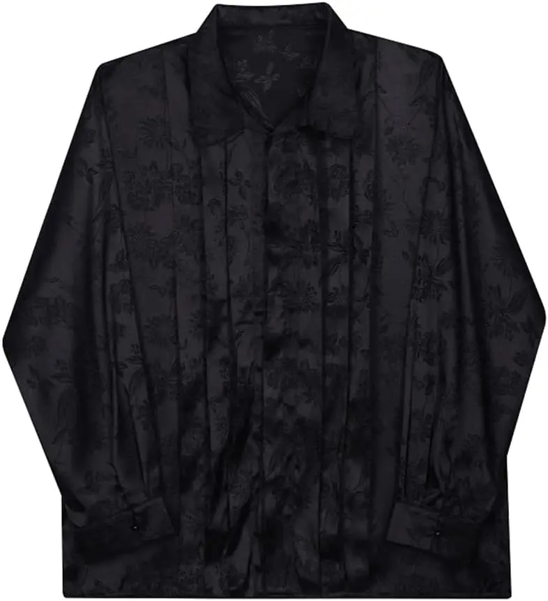 Men Satin Jacquard High-Collar Pleated Front Blouse with Floral Pattern Shirt