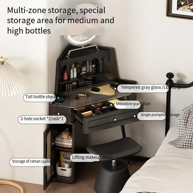 Drawers Black Chair Vanity Table Storage Lights Glass Mirror Cabinet Girl Dressers Makeup Desk Set Penteadeira Furniture Home