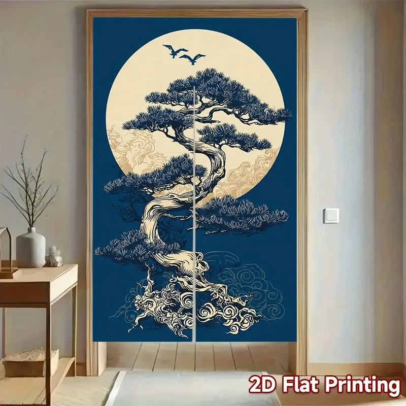 VIKAMA Vintage Japanese Pine Noren Door Curtain Moon Bird Bonsai Half Doorway Curtain for Kitchen Bedroom Home Room Decor Art