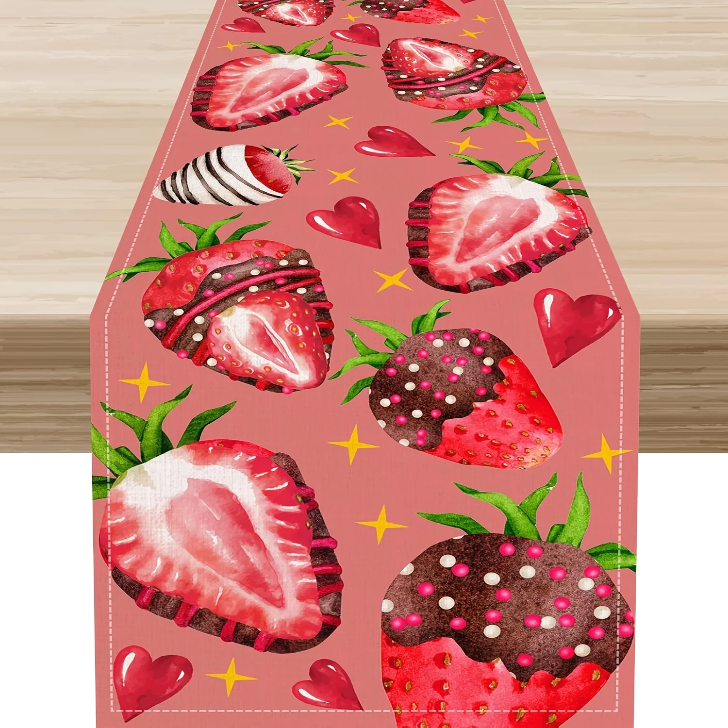 1 Piece of Strawberry Chocolate Pattern Table Runner, Suitable for Farmhouse, Indoor, Kitchen, Celebrations, Table Decoration, Restaurant and Banquet Decoration Supplies