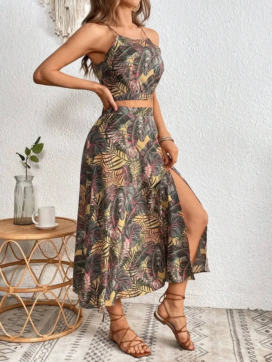 Sexy Off Shoulder Spaghetti Strap Tops Midi Dress Set Office Lady Summer Floral Print Sleeveless Two Piece Set Women Outfit 2023