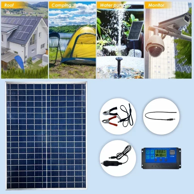 Painel solar fotovoltaico, banco de energia Kit100A controlador, placa solar para casa, carro, bateria rápida, acessórios de acampamento, 500W, 1000W, 12V