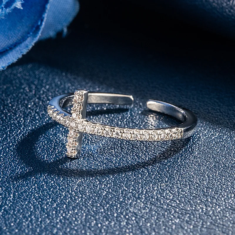 Religious Belief Cross with Full Diamonds and Zirconium - 925 Silver-plated Neutral Index Finger Ring - Anniversary Gift
