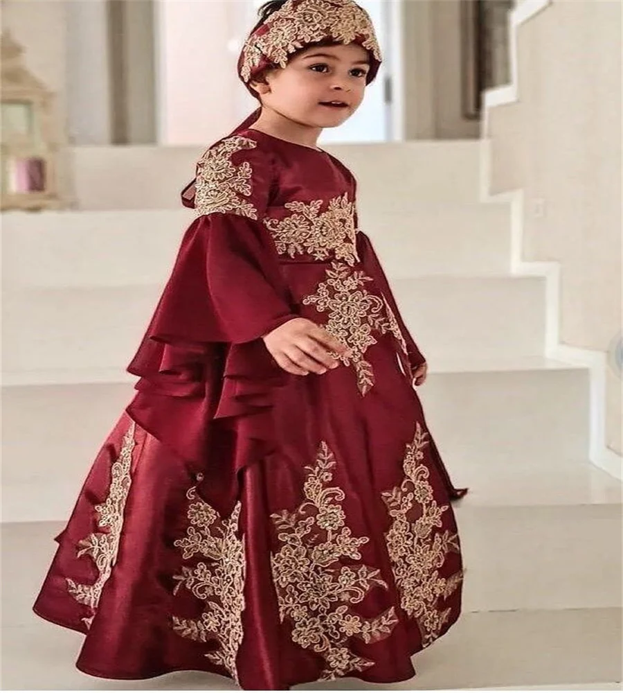 

Abaya Burgudy Moroccan Flower Girls Dress 2025 Elegant Long Sleeve Vestidos Para Niñas Caftan Dubai Lace Pageant Customized