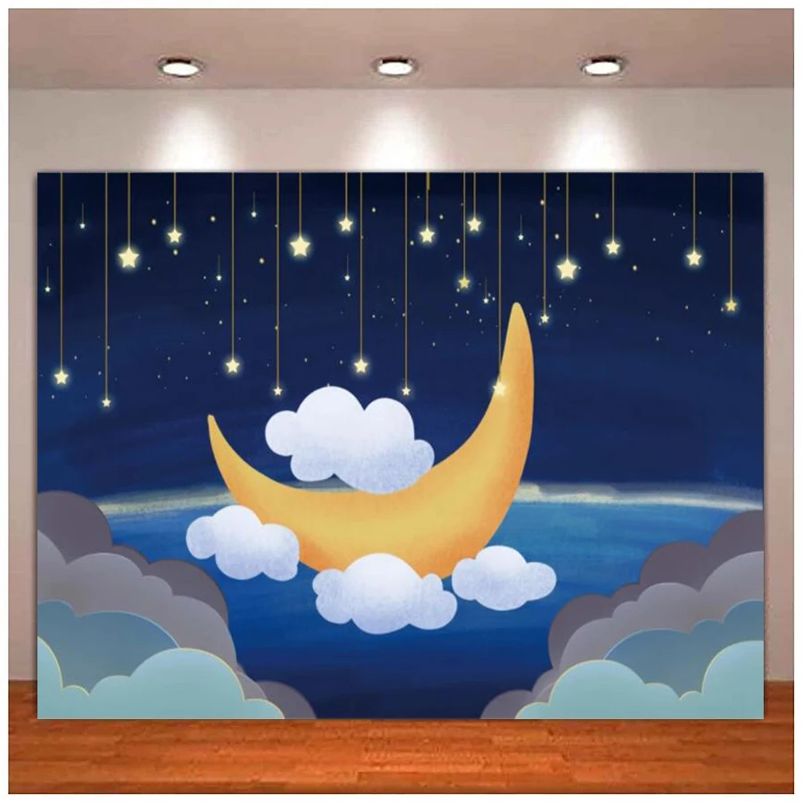 

Photography Backdrops Dark Blue Beautiful Night Moon Stars Cloud Baby Shower Photocall Photo Background For Photo Studio Prop