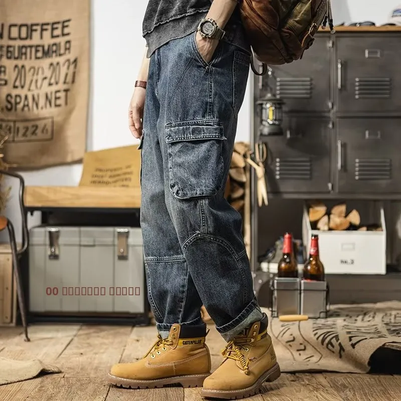 

Японские свободные джинсы прямого кроя для мужчин, весенне-осенняя рабочая одежда, джинсовая ткань, большие размеры, устойчивые к сварочным работам комбинезоны