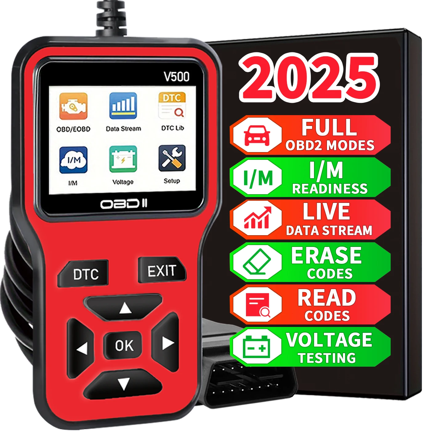 Les dernières outils de diagnostic du scanner Obd2 en 2025 - Lecteur de code moteur complet avec débit de données, prêt I/M, fonctions de test et d'effacement de tension, alimentation Obd, compatible avec tous les véhicules après 1996