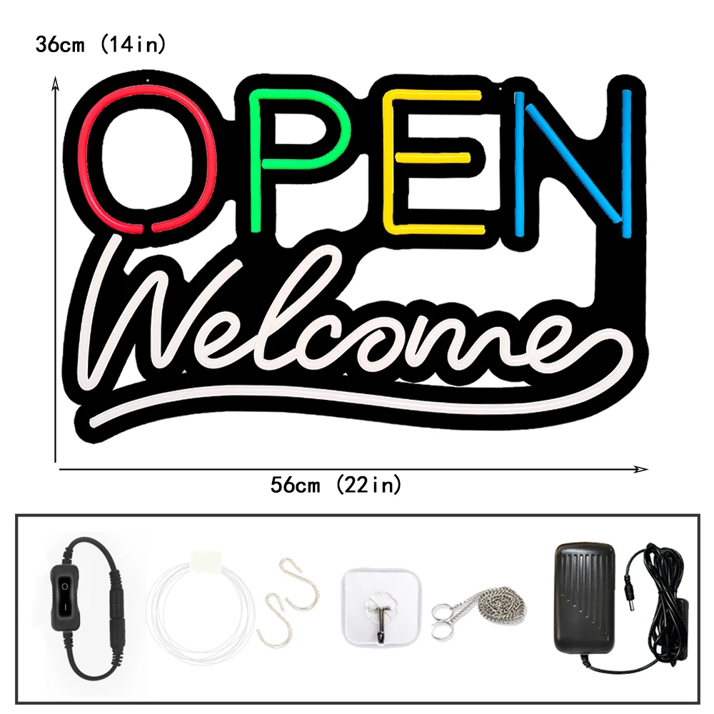 LED Store Bar Cafe Open Welcome Sign 22x14 Inches Matt Black Base with Ultra Bright Silicone Neon for Business Use