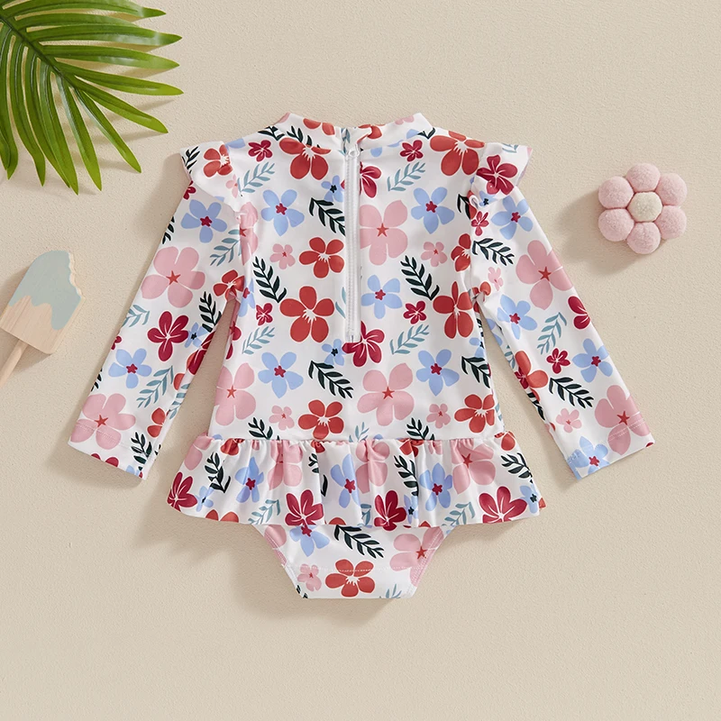 EWODOS 1-3 Years Baby Girl Rash Guard Swimsuits Casual Cute Long Sleeve Floral Print Skirted Bathing Suit Toddler Swimwear