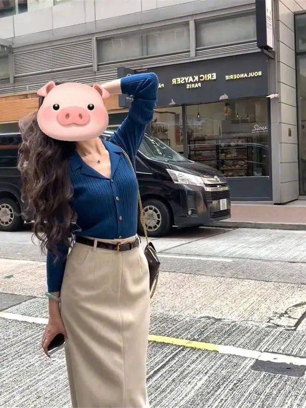 Faionable Blue Sister Set Women's Ele f-length Skirt And Top Ensemble Autumn Casual Sle Long Sve V-ne Button ...