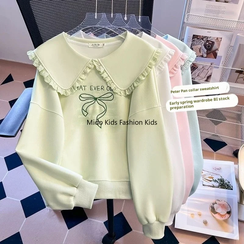 

Свитер с кукольным воротником для девочек на весну и осень, весенняя блузка с кружевной вышивкой в студенческом стиле для младших классов средней школы