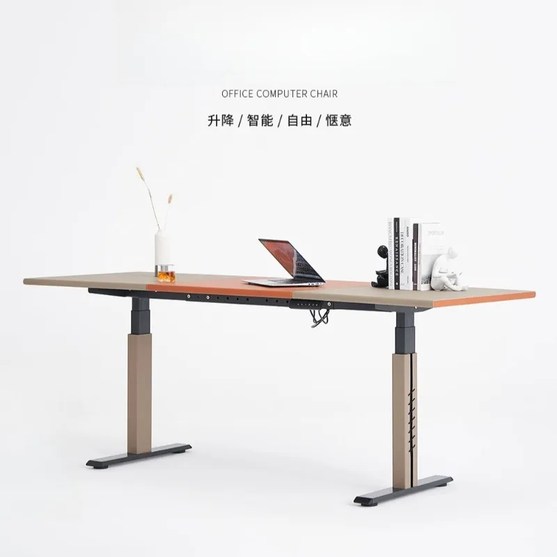 Italian minimalist intelligent electric lifting desk, saddle leather high-end study computer desk