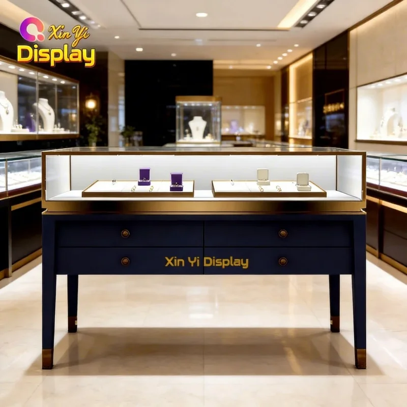 custom.Luxury Navy Blue Jewelry Display Counter with Trim and Glass High-end Boutique Showcase