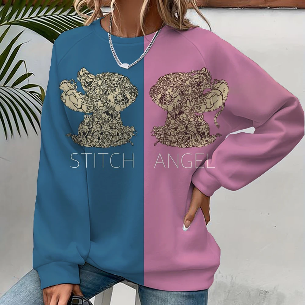 Felpa con cappuccio moda donna Disney Stitch stampa Moda Autunno Quotidiano Manica lunga Girocollo Pullover allentato Cartoon Boho Style Sweatsh