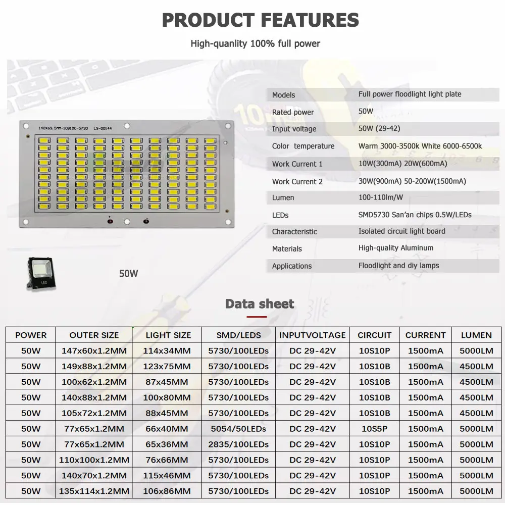 50 واط LED PCB الكاشف لوحة المدخلات DC29-42V 1500mA SMD5730/2835/5054 مصدر الضوء 100% لوحة الطاقة الكاملة لاستبدال مصابيح خارجية