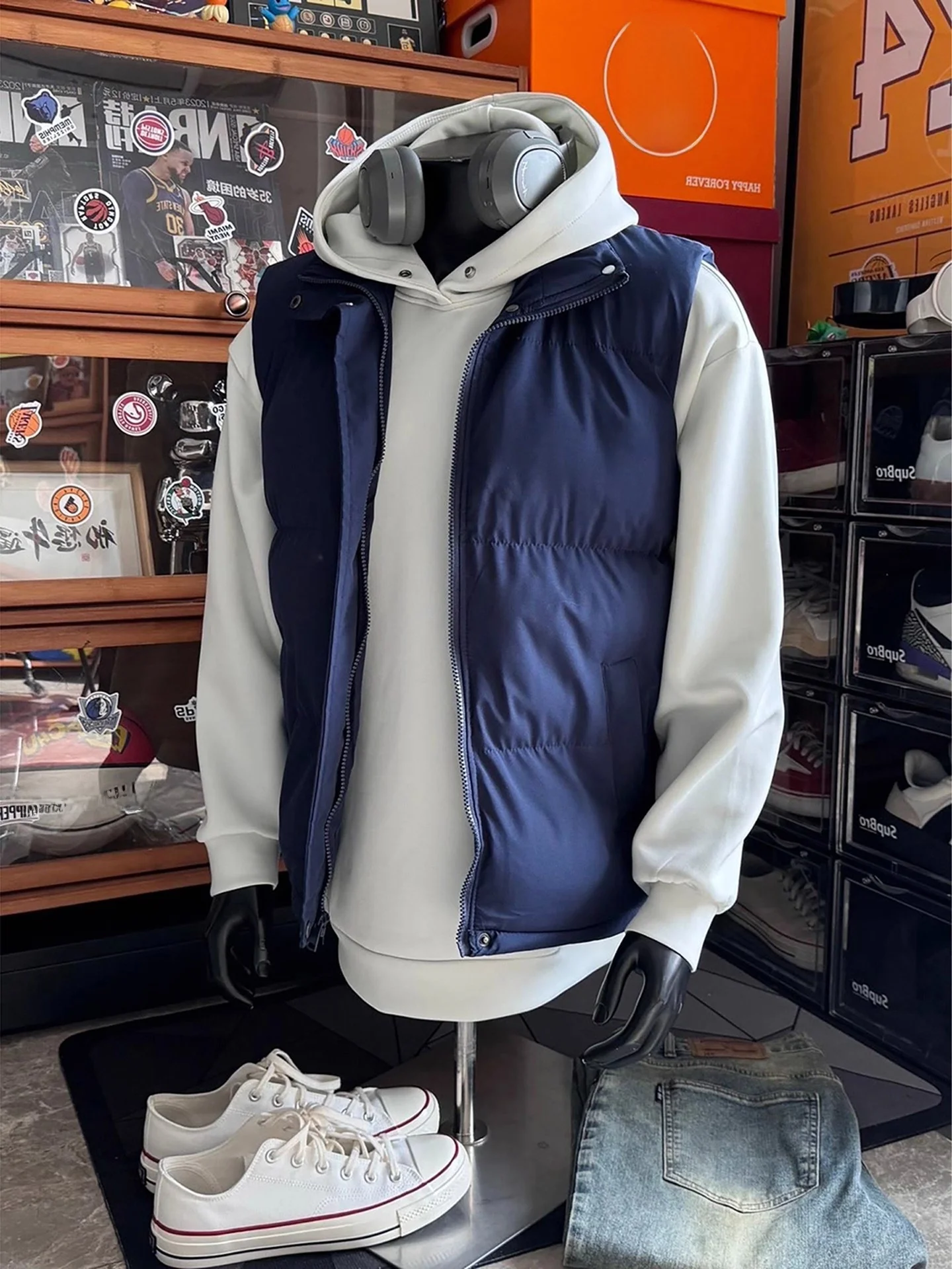 Blue Hooded down Jacket Men's Style No-Sleeve Stand Collar Quilted Vest Thickened Autumn Outerwear Casual Streetwear