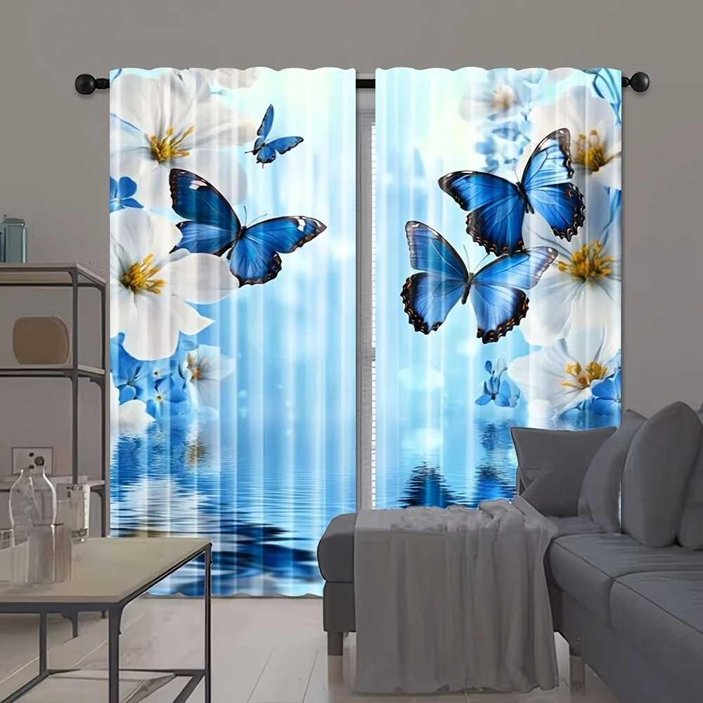 2 Pcs Farmhouse Blue & White Floral Butterfly Curtains – Wavy Water Design Rod Pocket for Bedroom Office Kitchen Study Decor